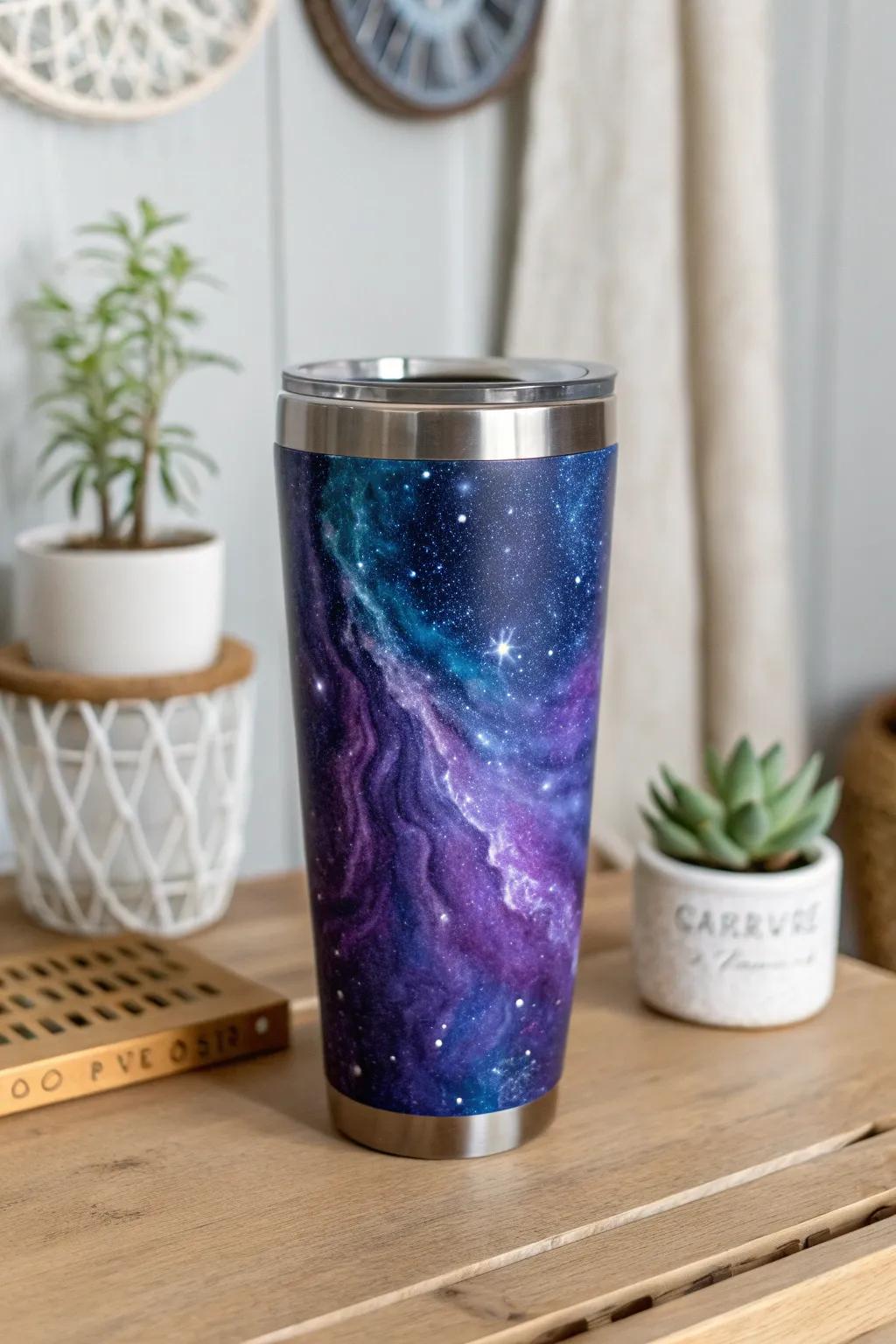 Craft your own cosmic masterpiece with a galaxy-inspired tumbler, where blues and purples dance in celestial harmony.