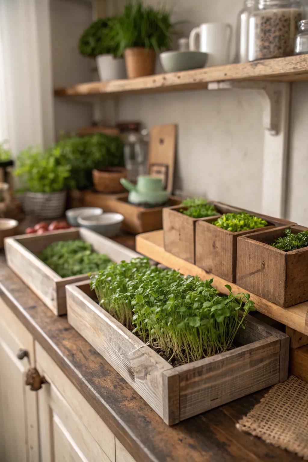 Rustic wooden boxes make perfect microgreen planters.