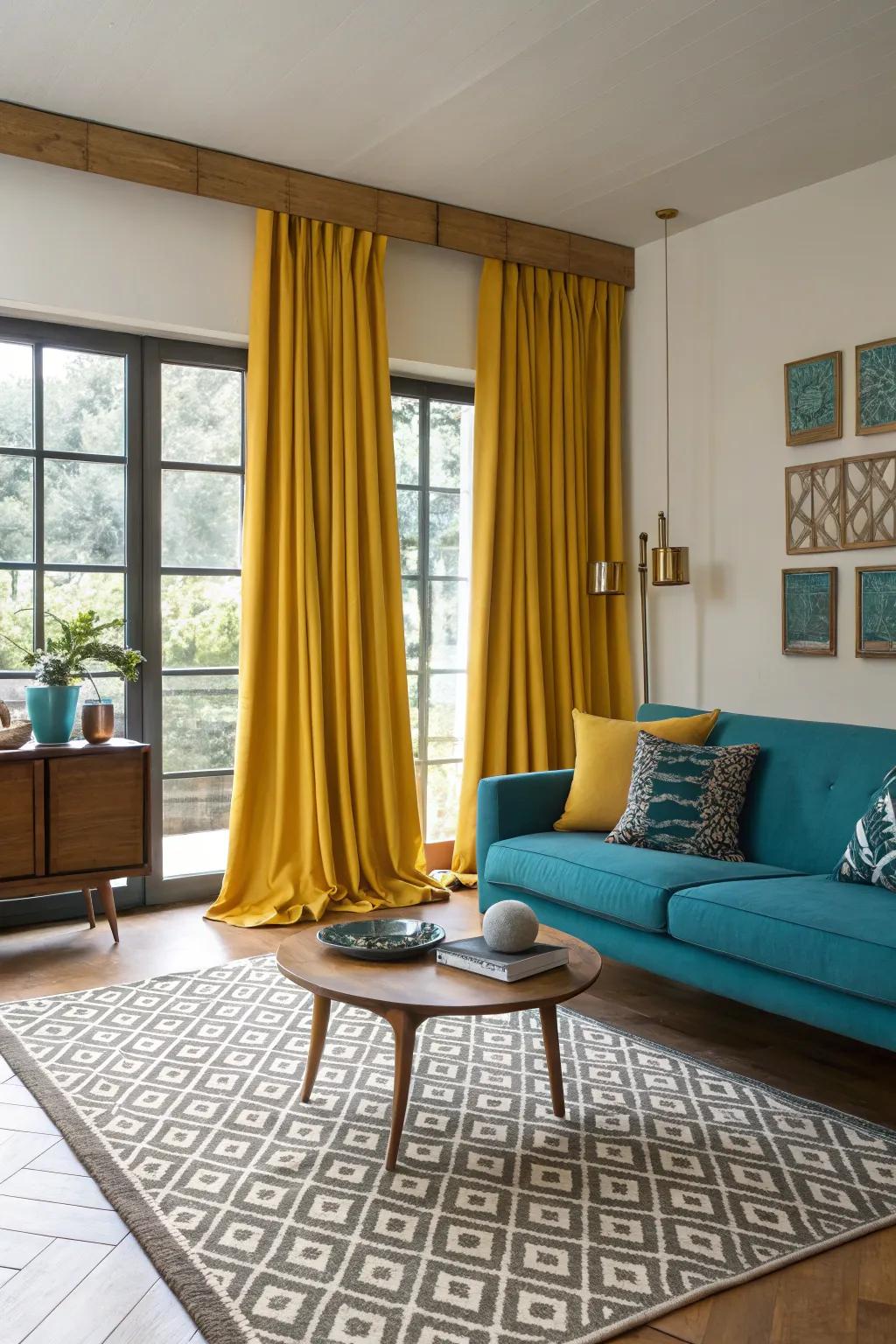 Bold drapes can make a striking statement in a mid-century modern design.