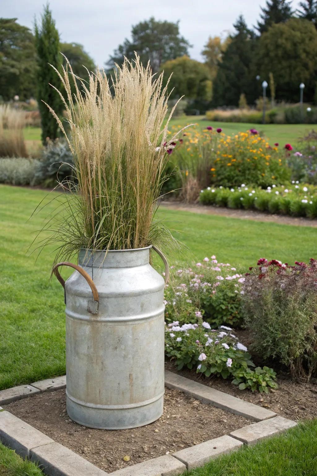 Tall grasses in a milk can create a stunning garden centerpiece.