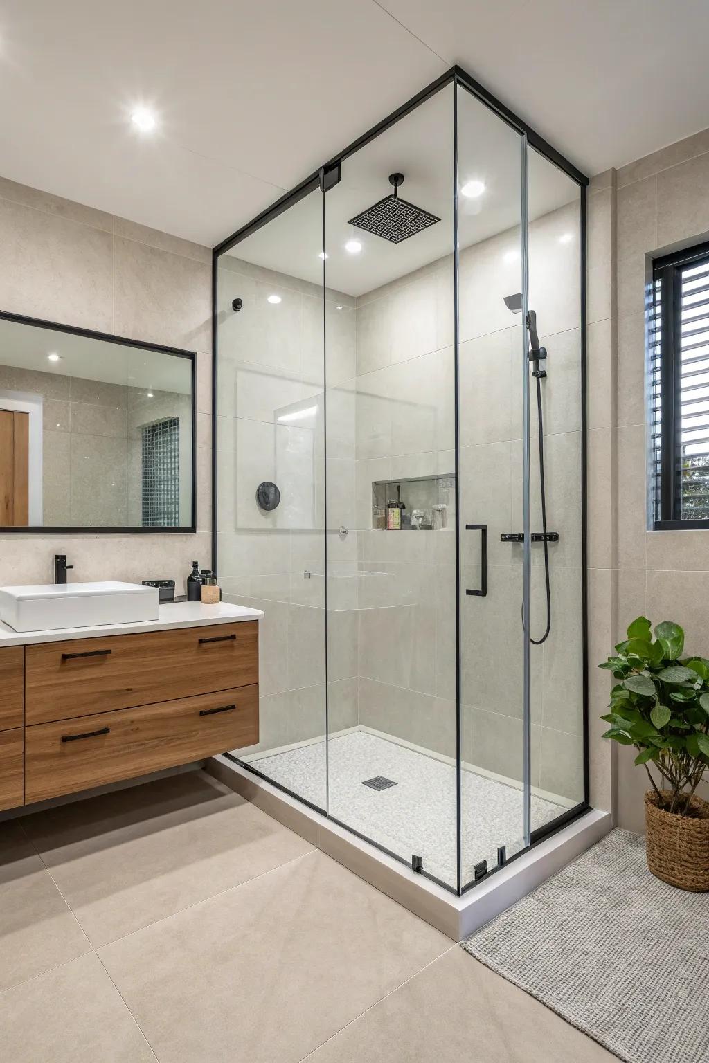 A minimalist bathroom with a bright and open glass shower enclosure.