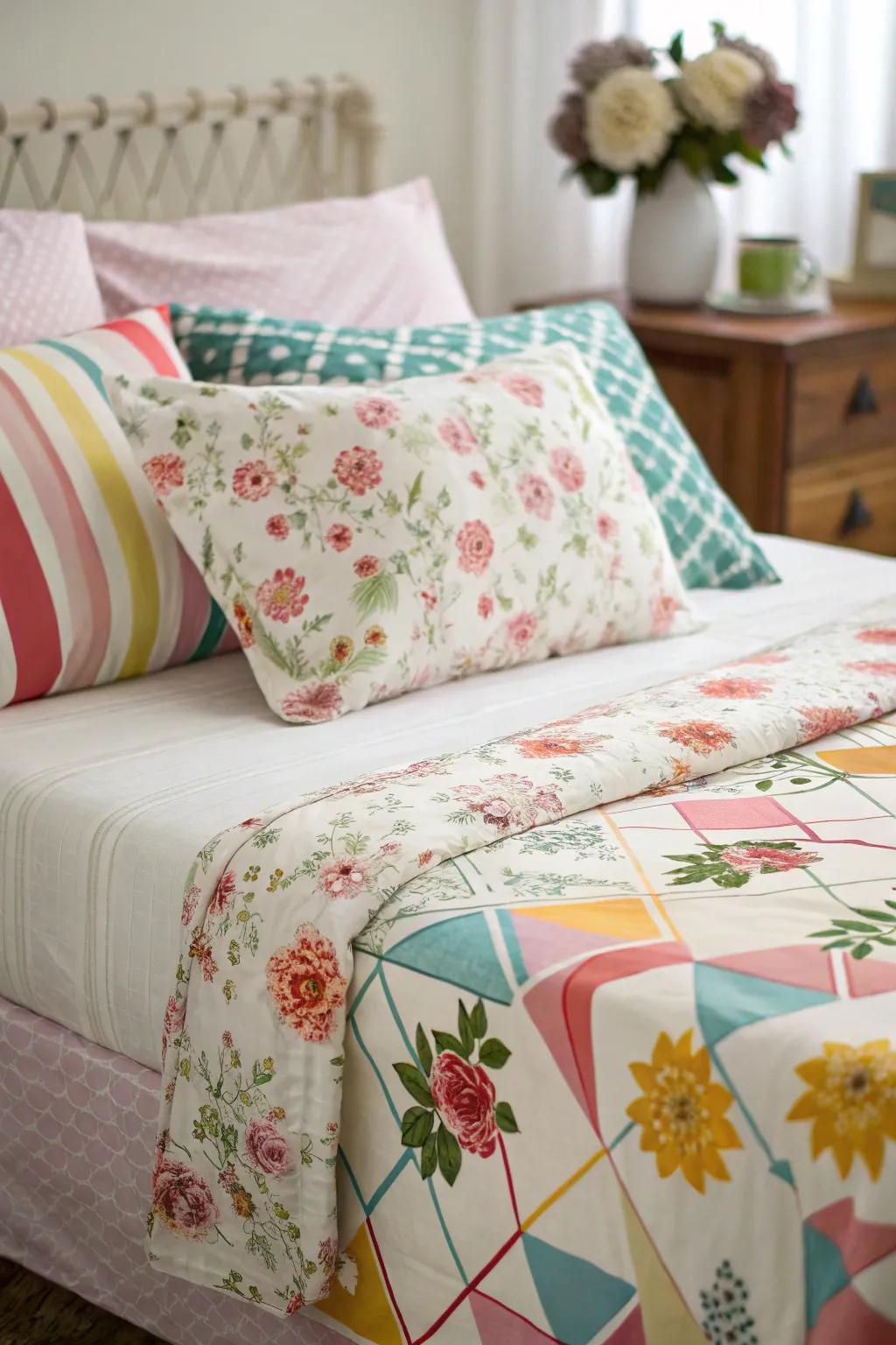 A delightful blend of vintage and modern styles in bedding.