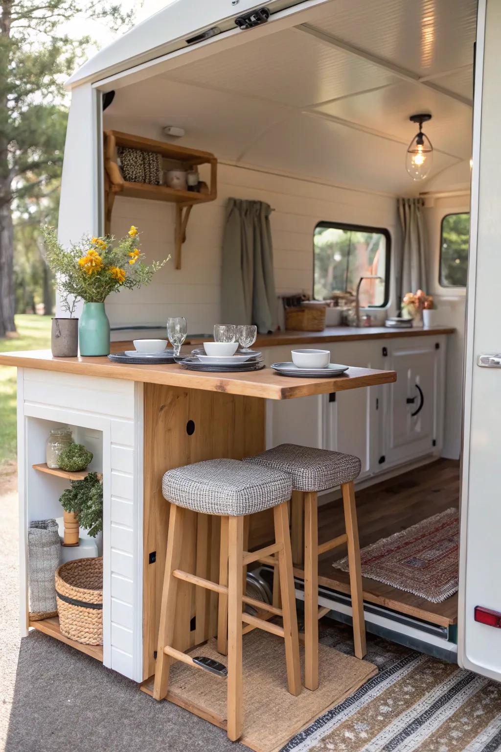 A breakfast bar island brings functionality and warmth to the kitchen.