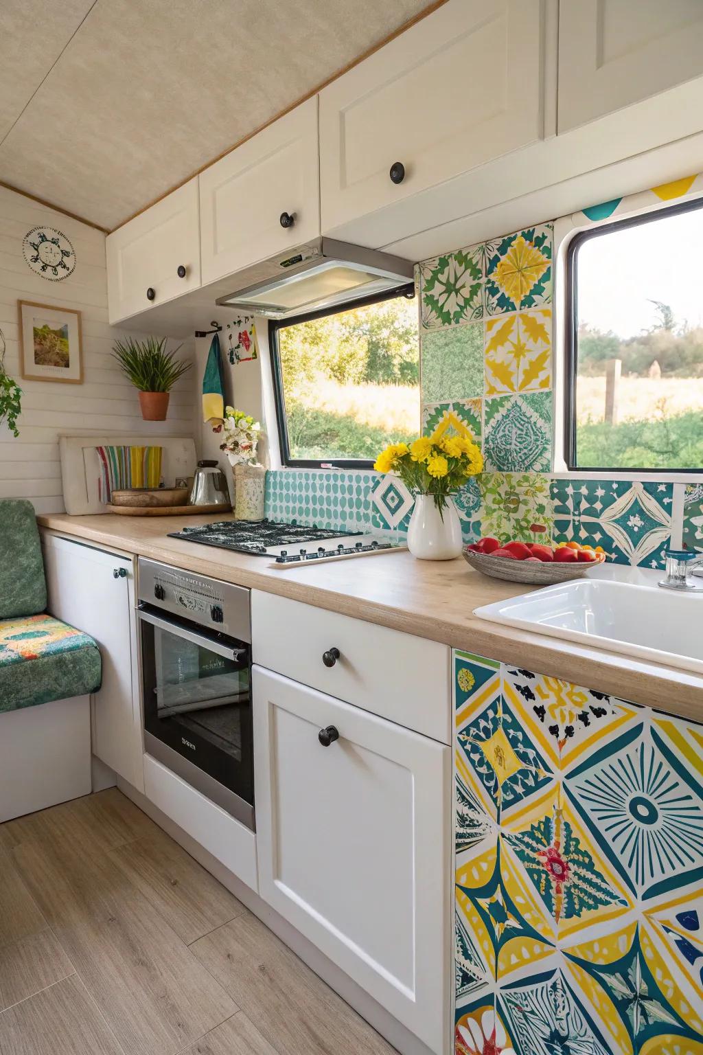 A mobile home kitchen with a vibrant and eye-catching backsplash.