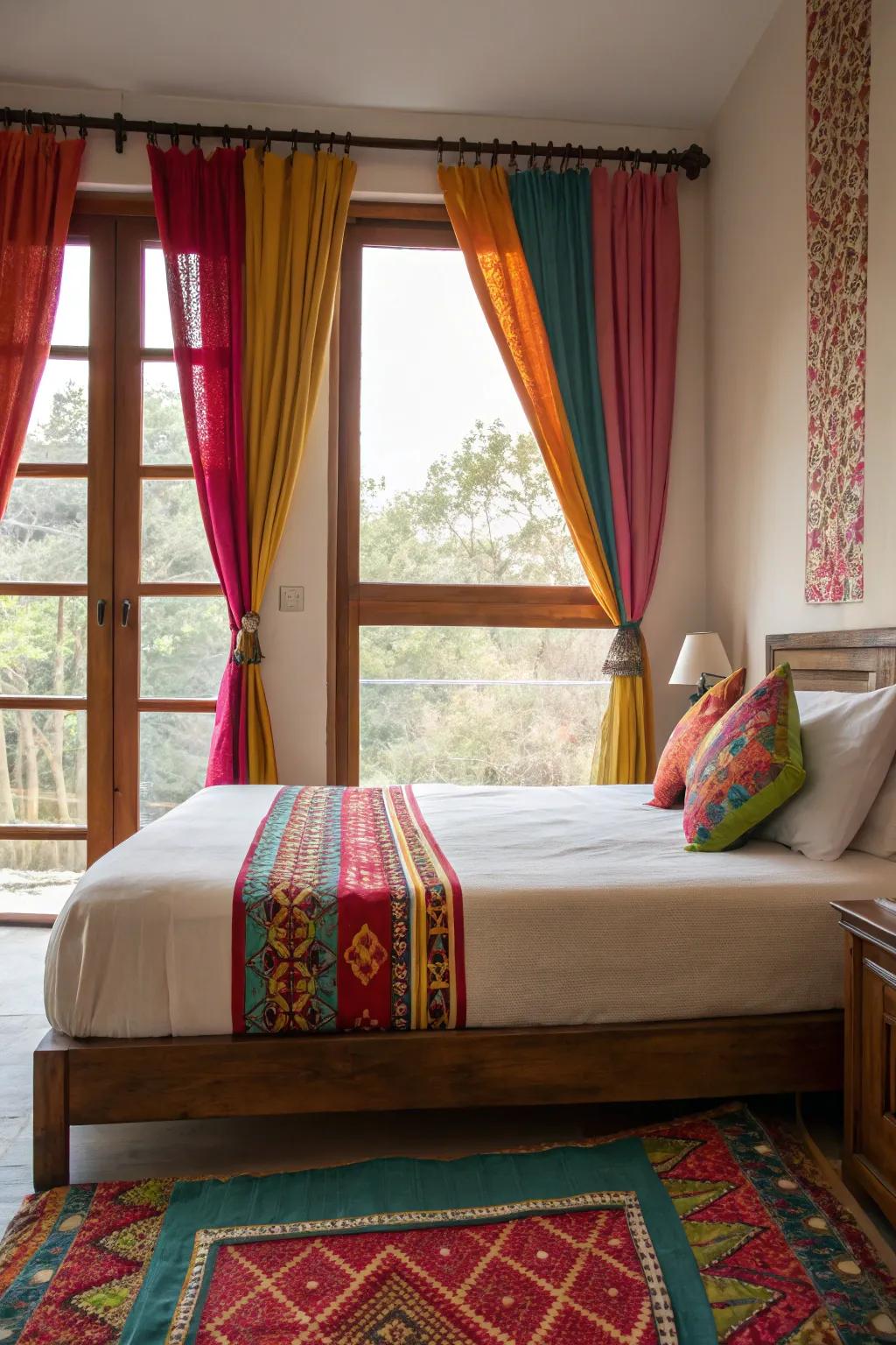 Bold curtains frame the bed and window, adding a pop of color.