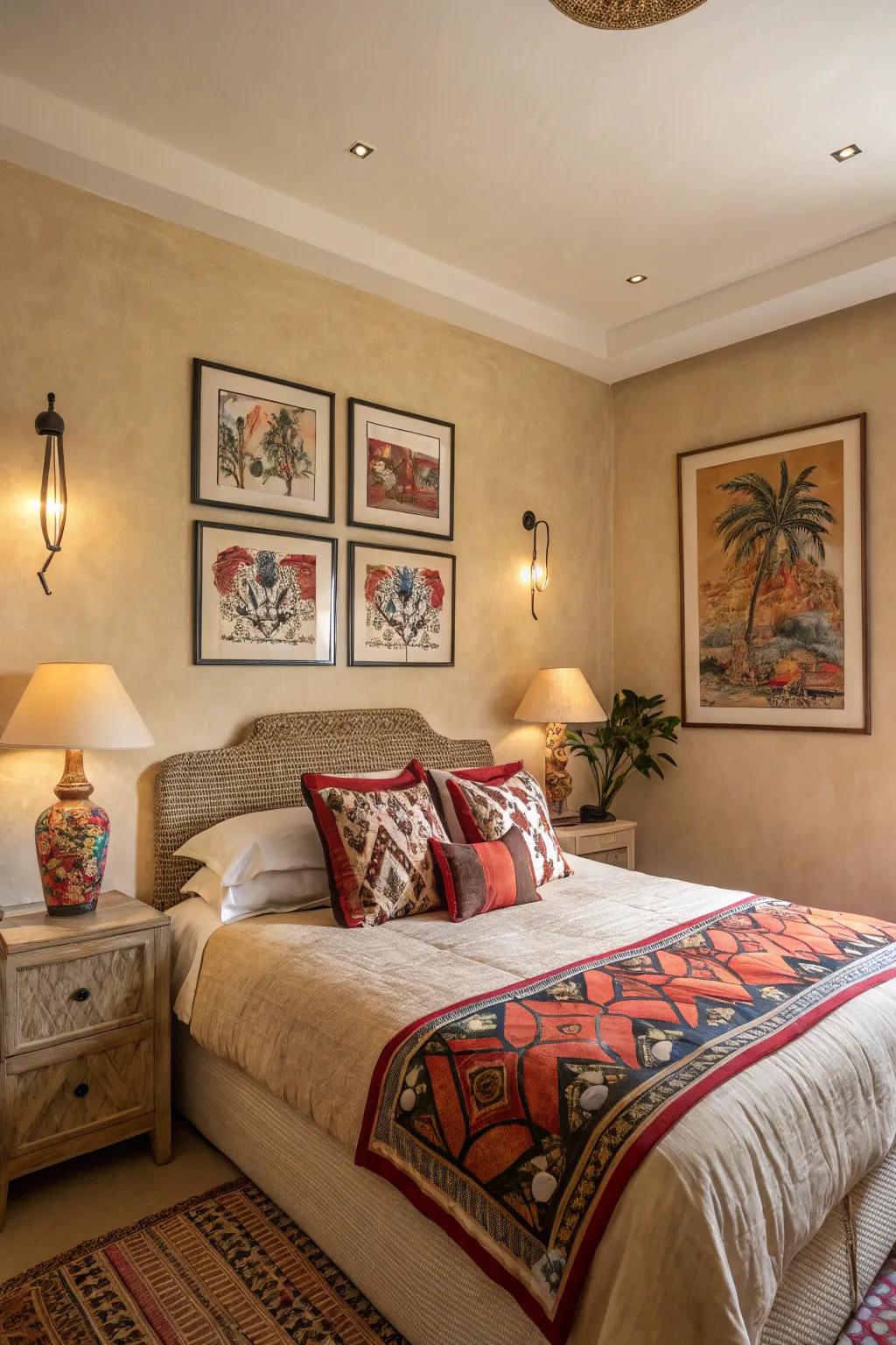 Bold accents bring life and character to a beige bedroom.