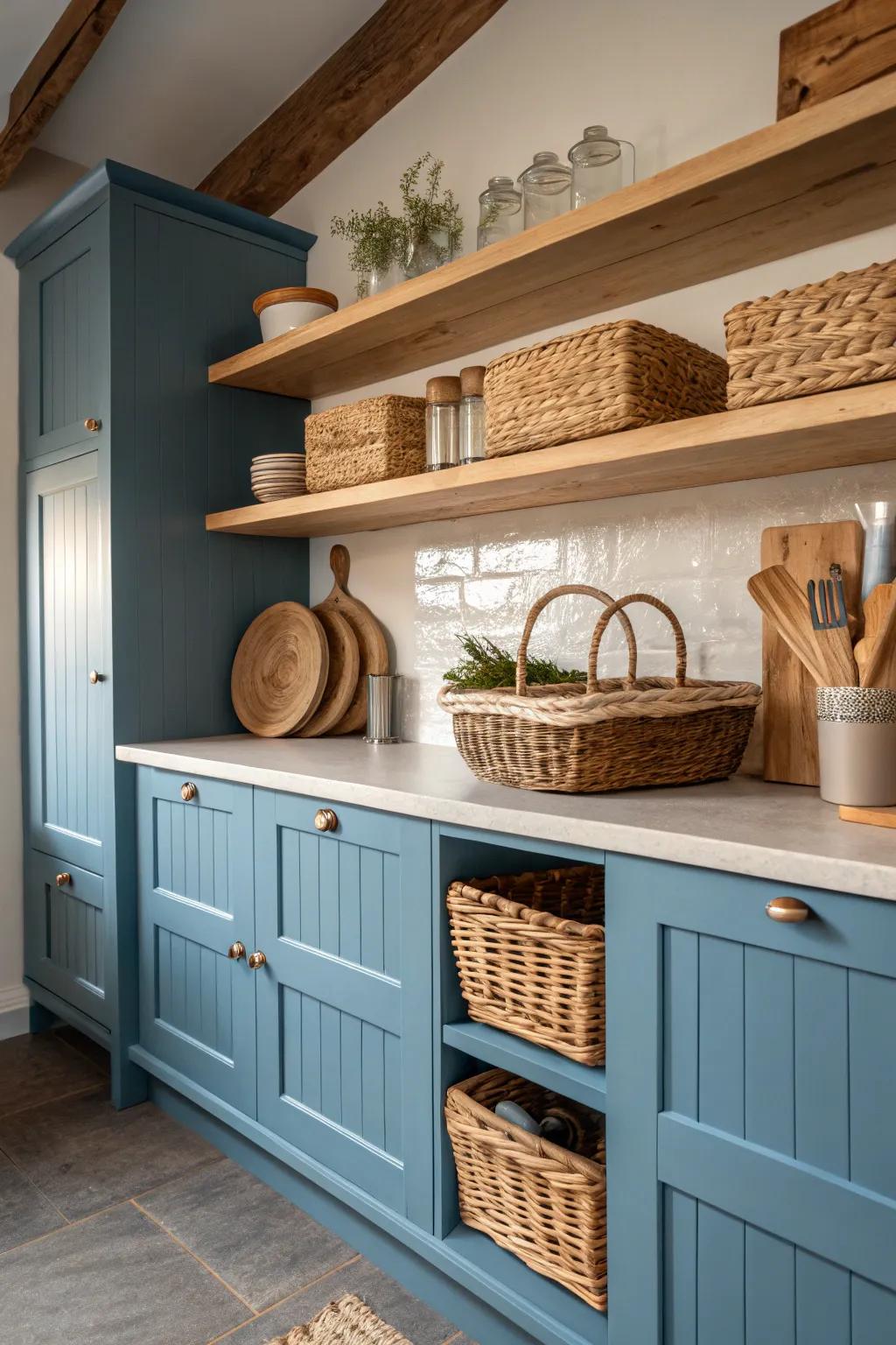 Blue cabinets paired with wood bring warmth and balance to this kitchen.