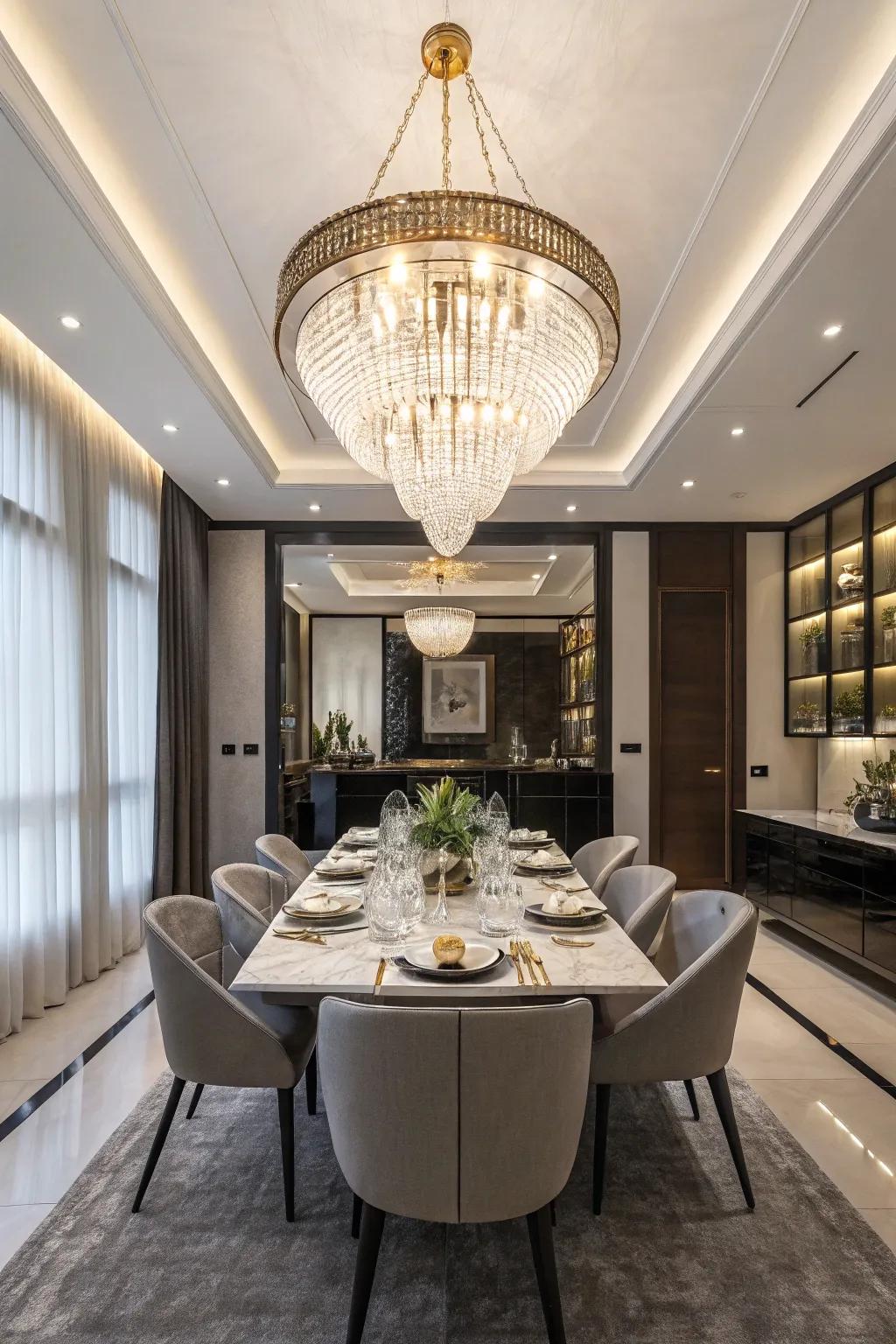 A statement chandelier captivates in a modern dining room.