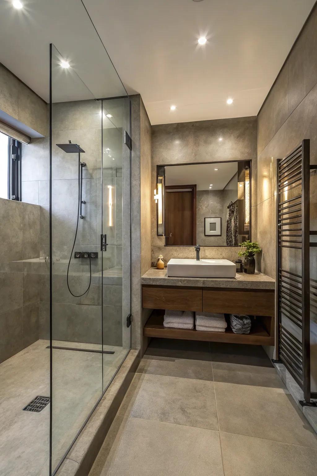 An elegant, polished concrete shower that exudes luxury and style.