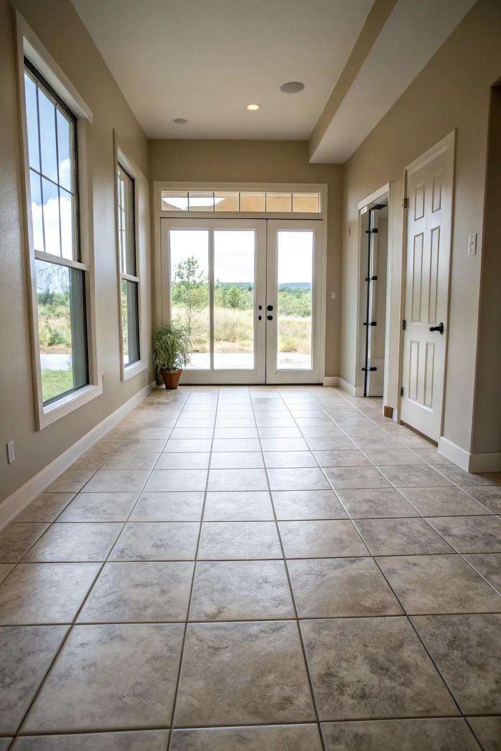 Large-format tiles create an open and expansive feel in this entryway.