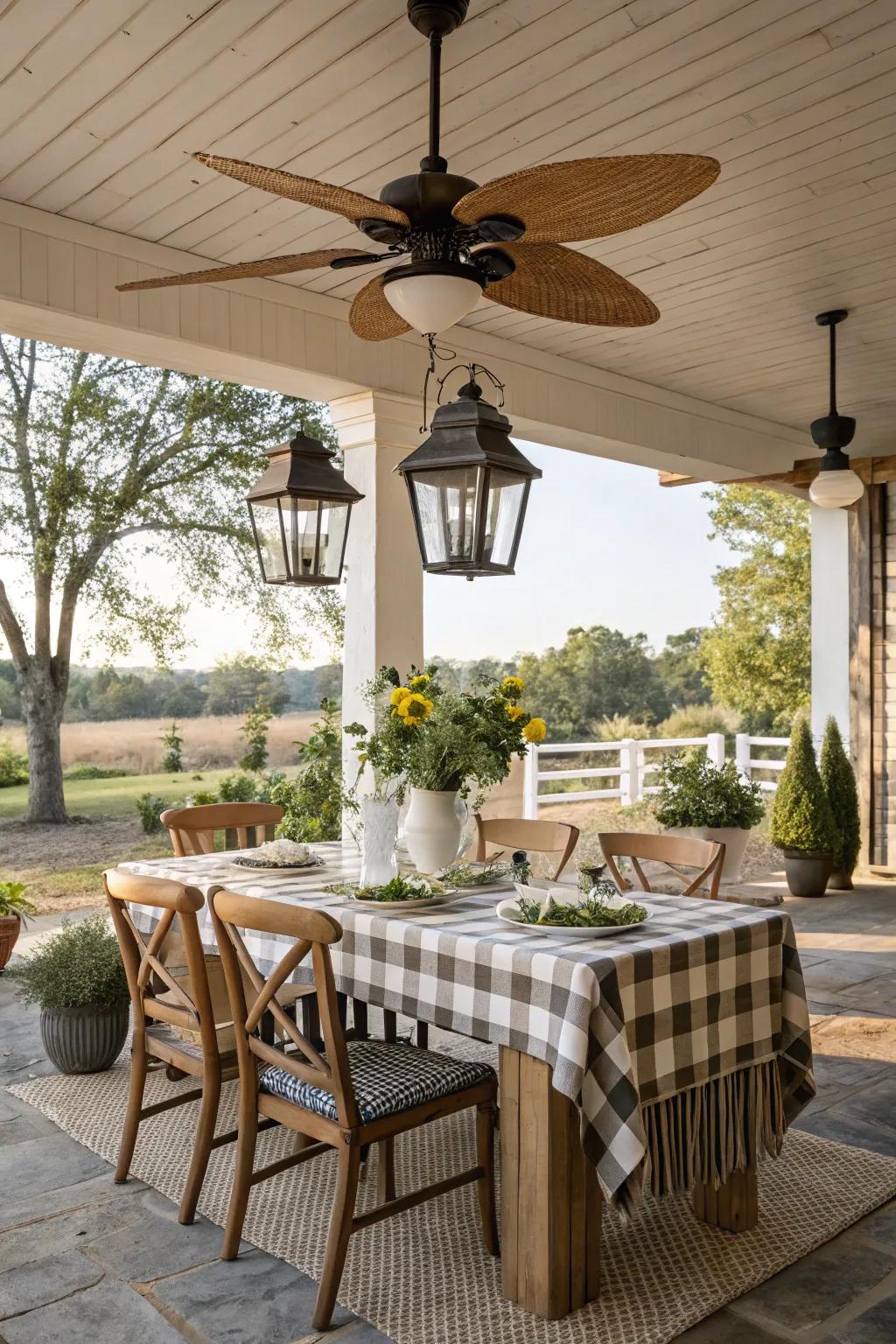 A rustic ceiling fan complements the farmhouse style of this outdoor dining area.