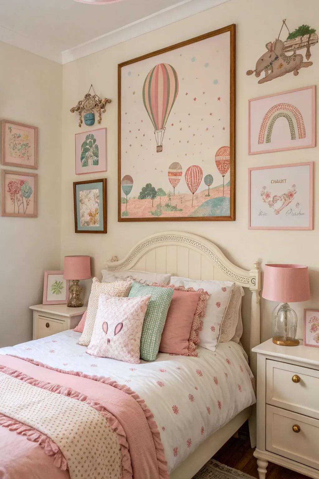 Vintage artwork adding a classic touch to the modern bedroom.