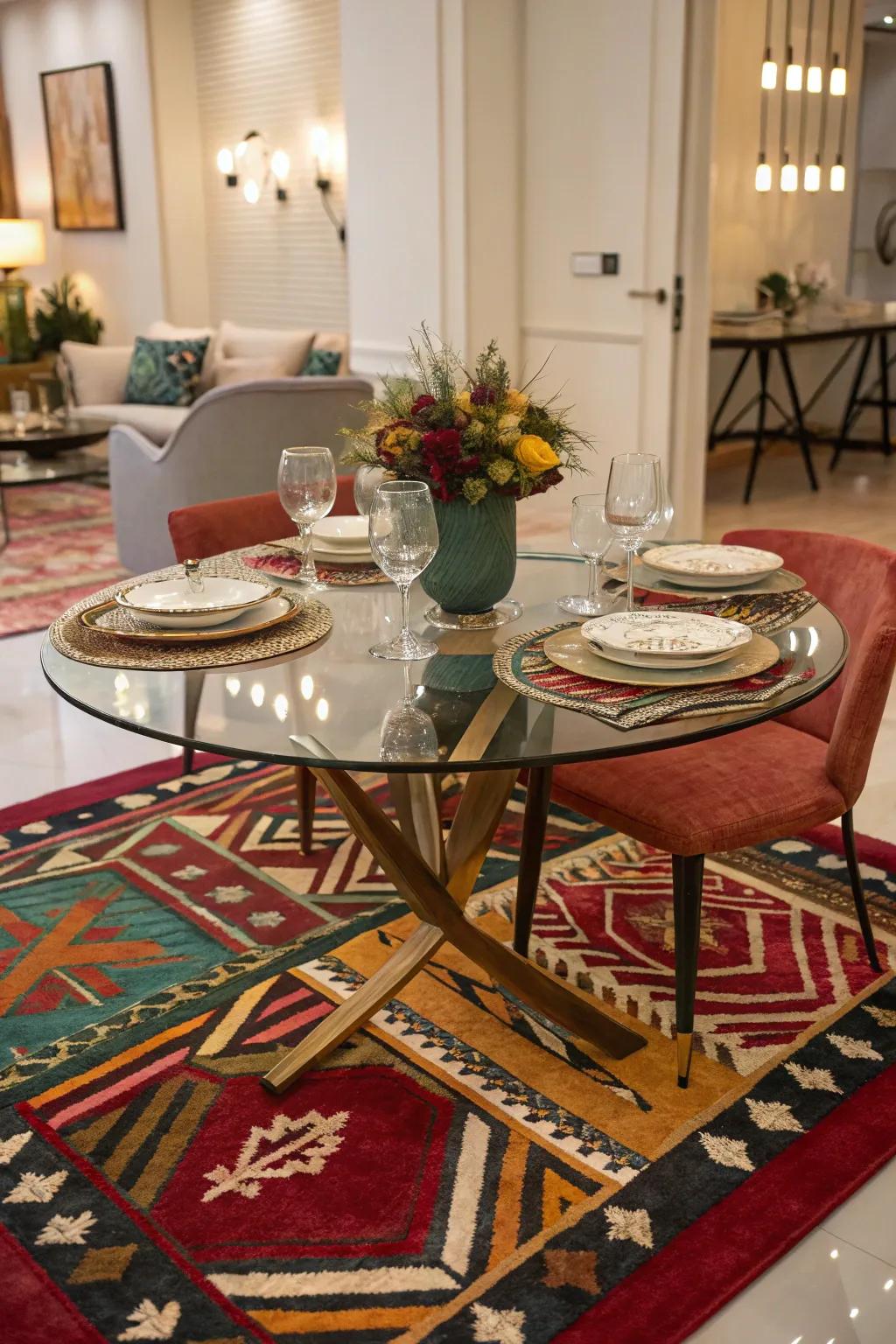 A bold patterned rug under a glass dining table adds vibrant color and style.