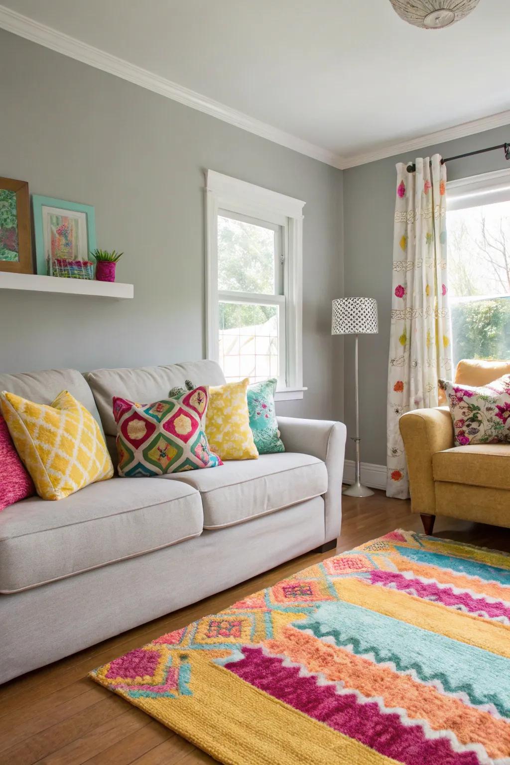 Soft gray walls create a light and airy atmosphere in this living room.