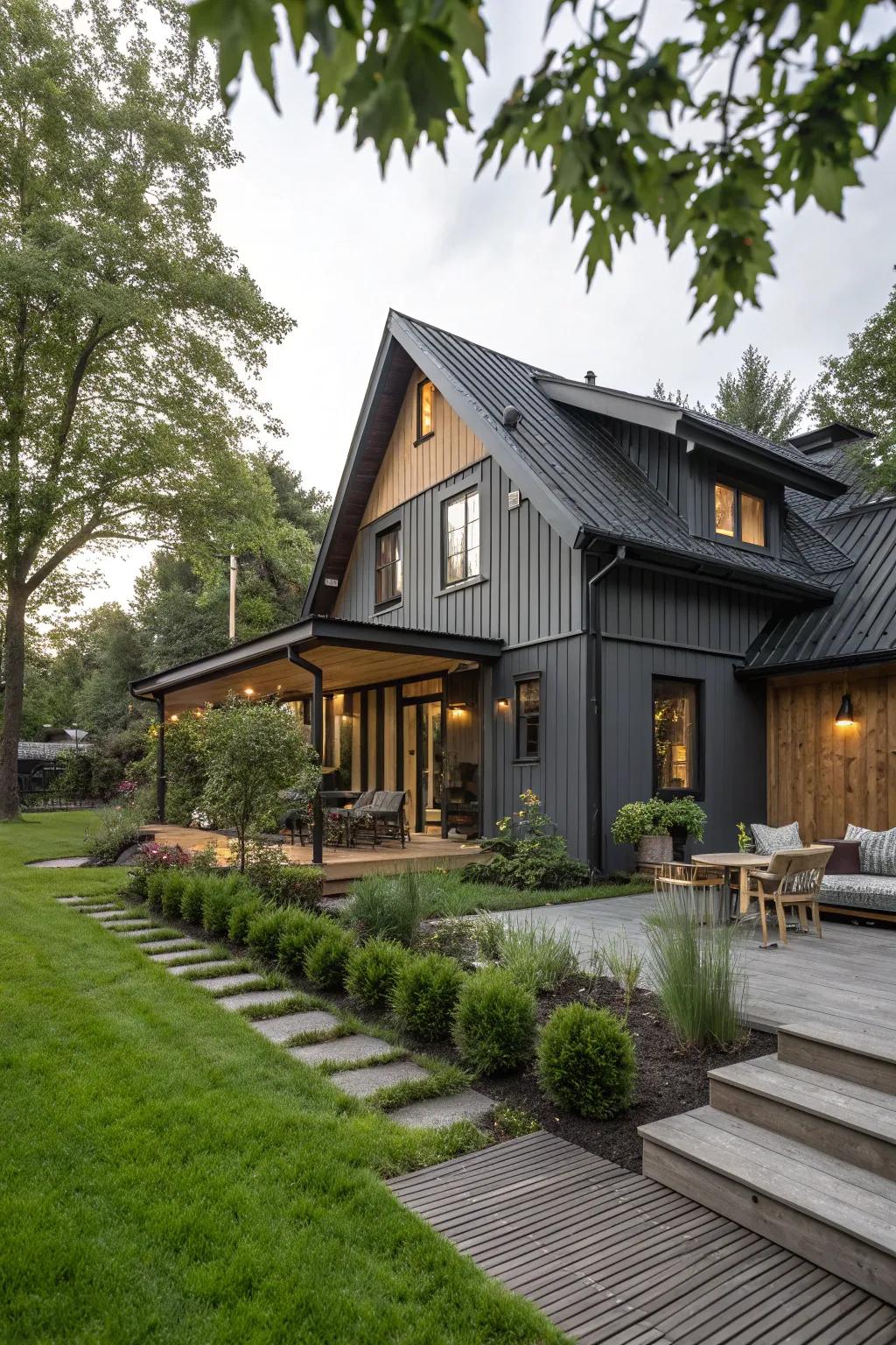 A modern grey house with black trim and warm wooden accents, creating a cozy and inviting atmosphere.