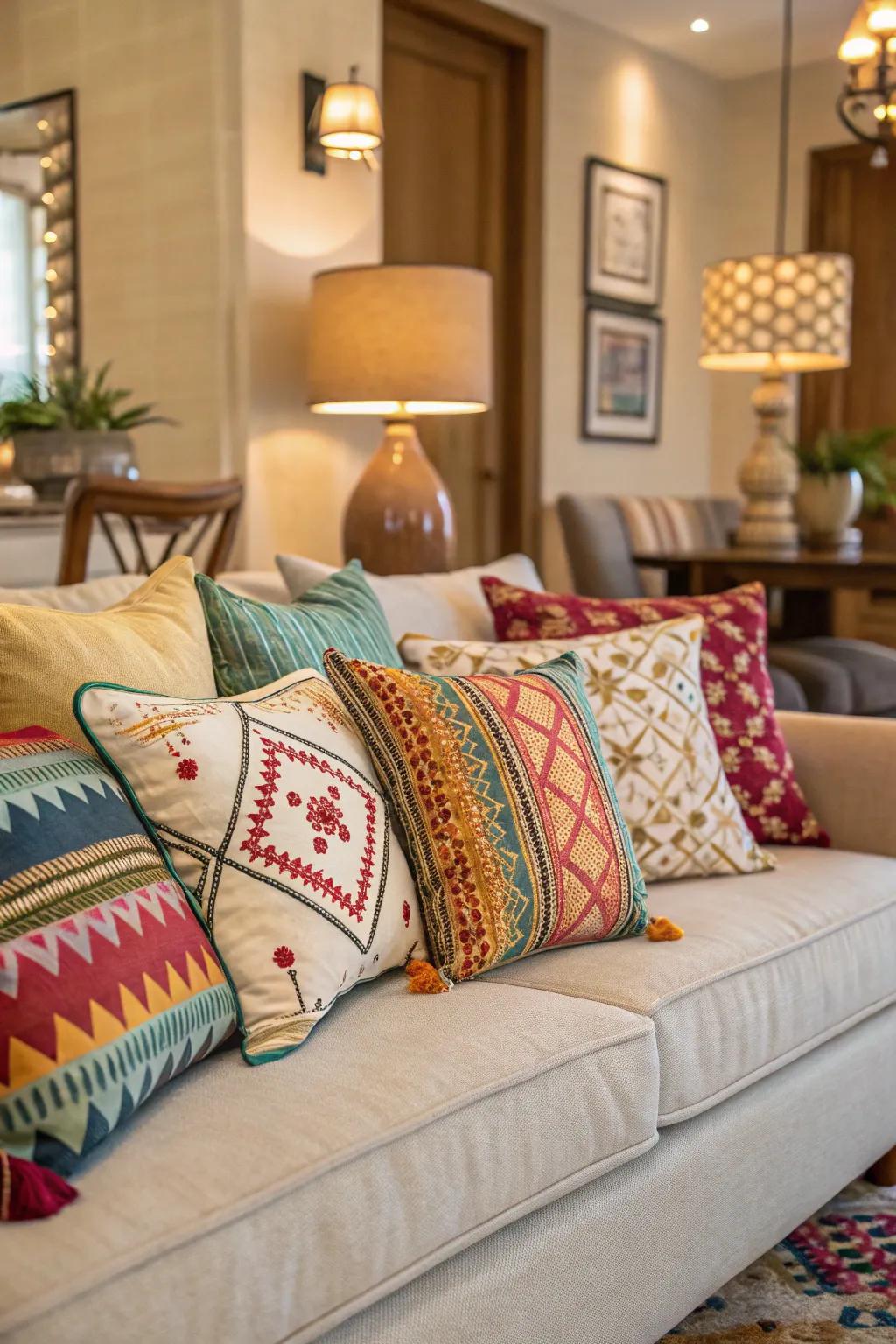 Eclectic throw pillows add depth and comfort to the seating area.