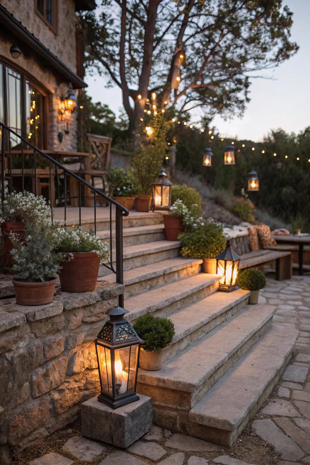 Lantern-style fixtures providing a classic and warm ambiance to outdoor steps.