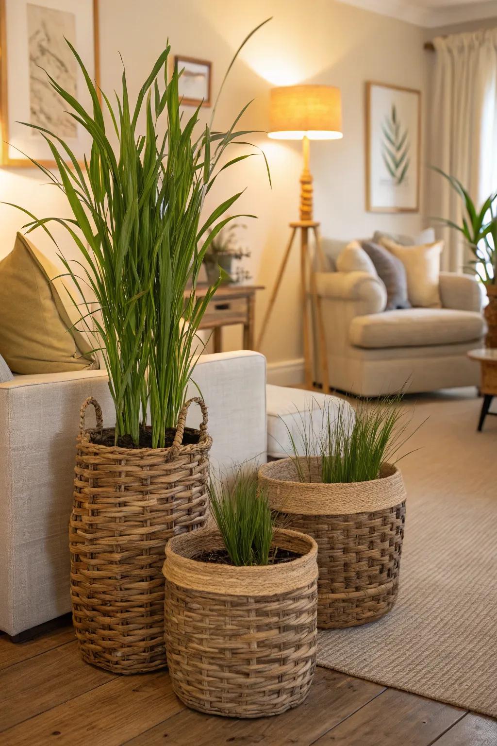 Woven basket planters add warmth and texture.