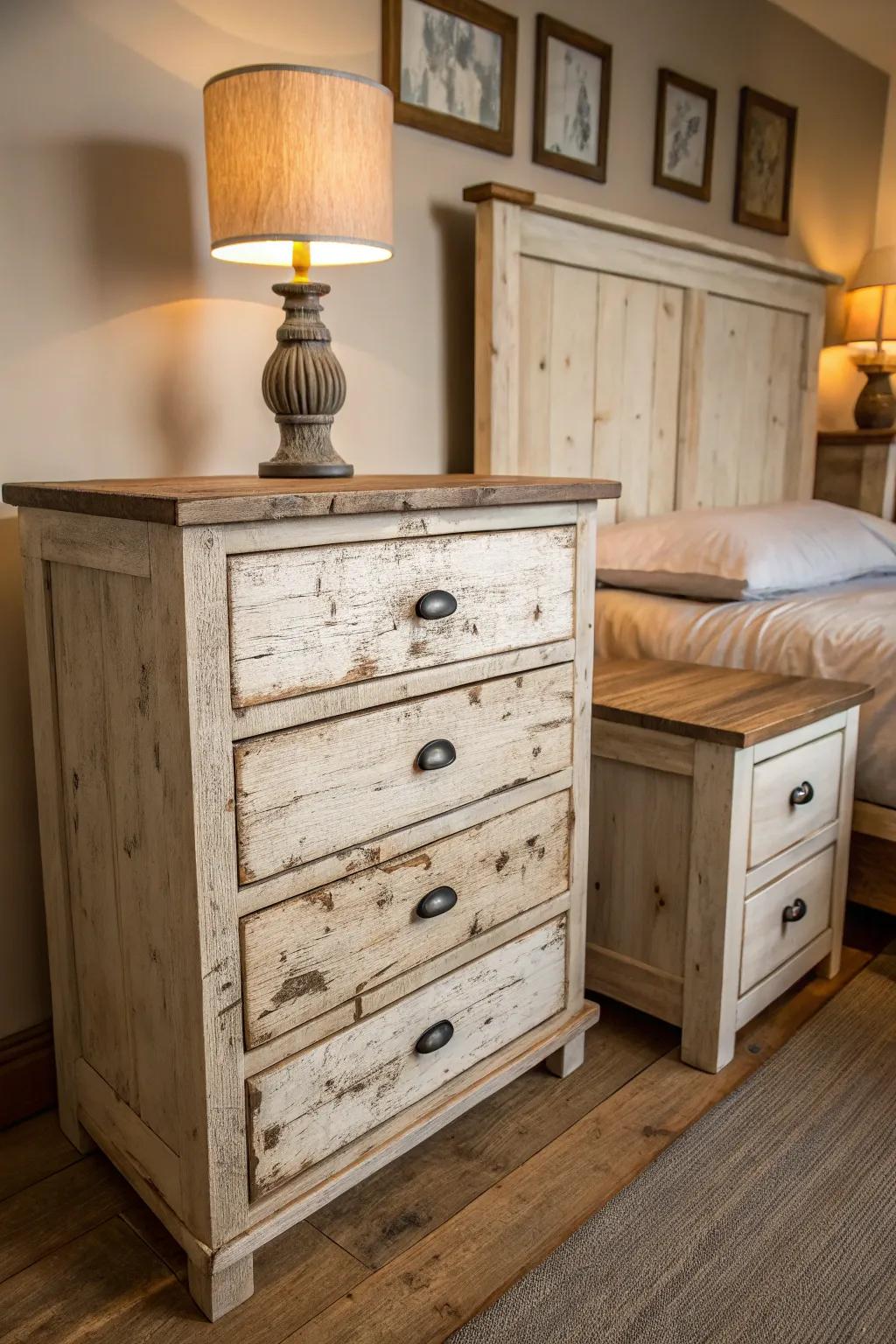 Distressed wood furniture adds texture and a sense of history to the bedroom.