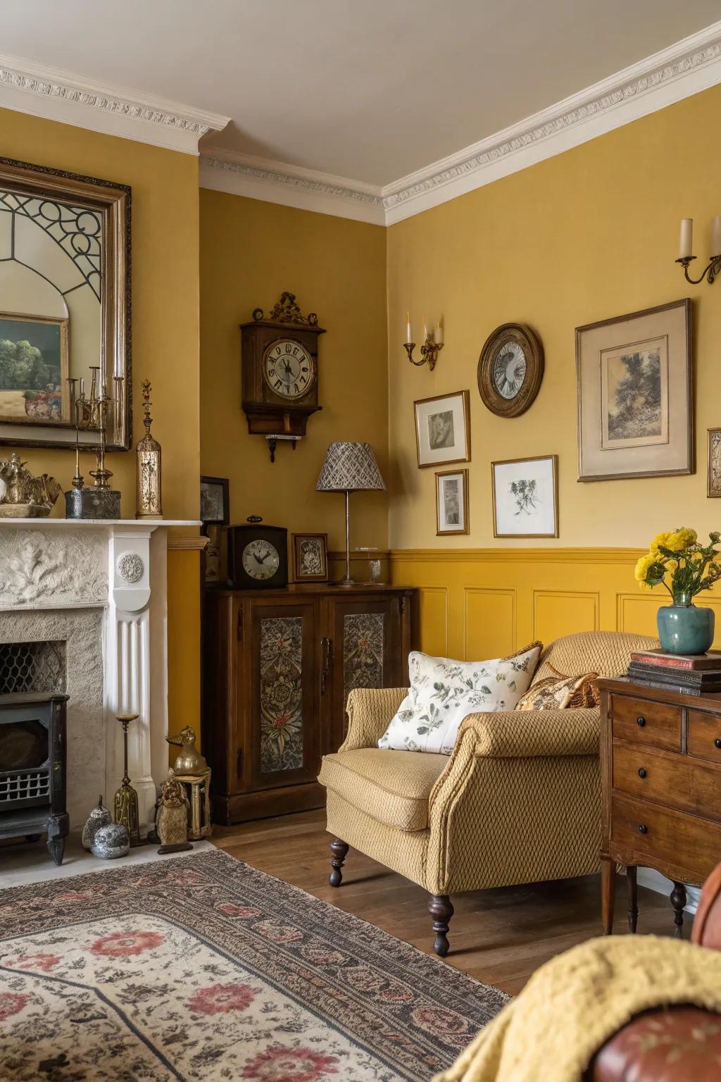 A mustard yellow half wall adds vintage charm to a period living room.