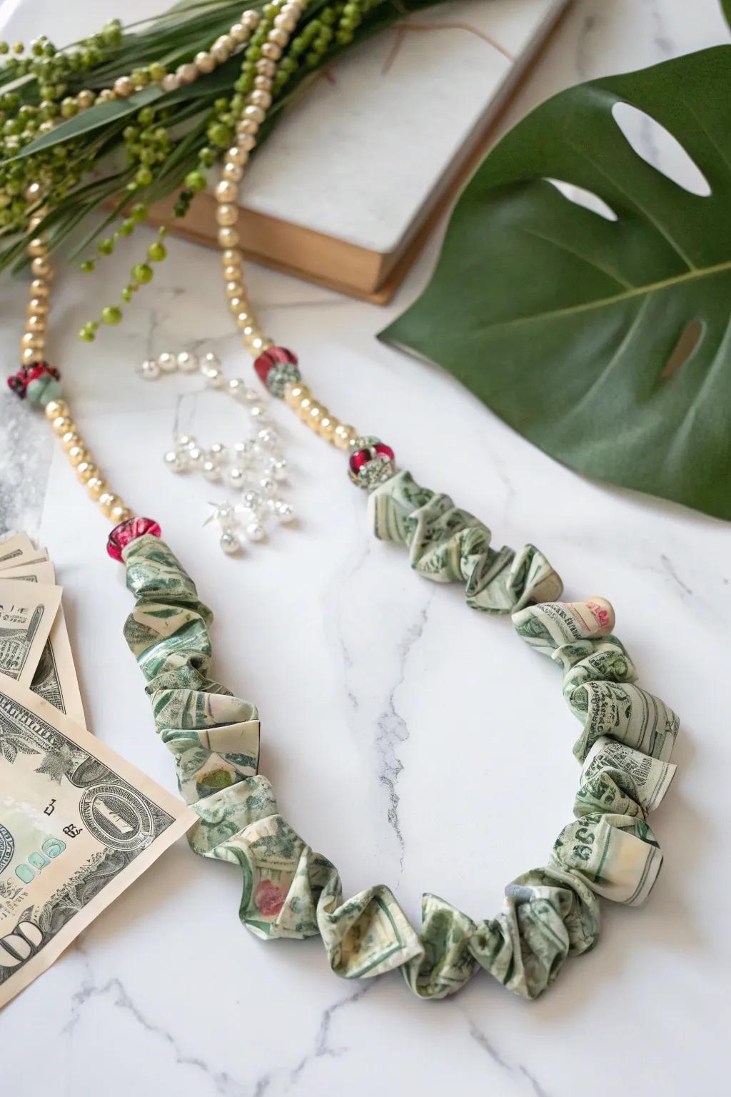 Add a touch of sparkle to your celebration with a beautifully crafted money lei adorned with colorful beads!