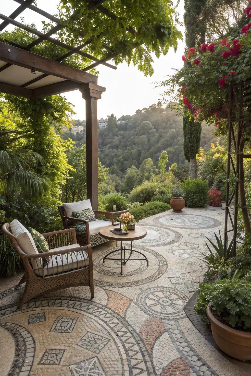 Create an enchanting outdoor oasis with mosaic tiles.