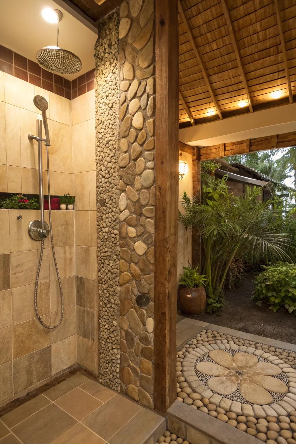 Pebble mosaics bring a natural, relaxing vibe to this shower.