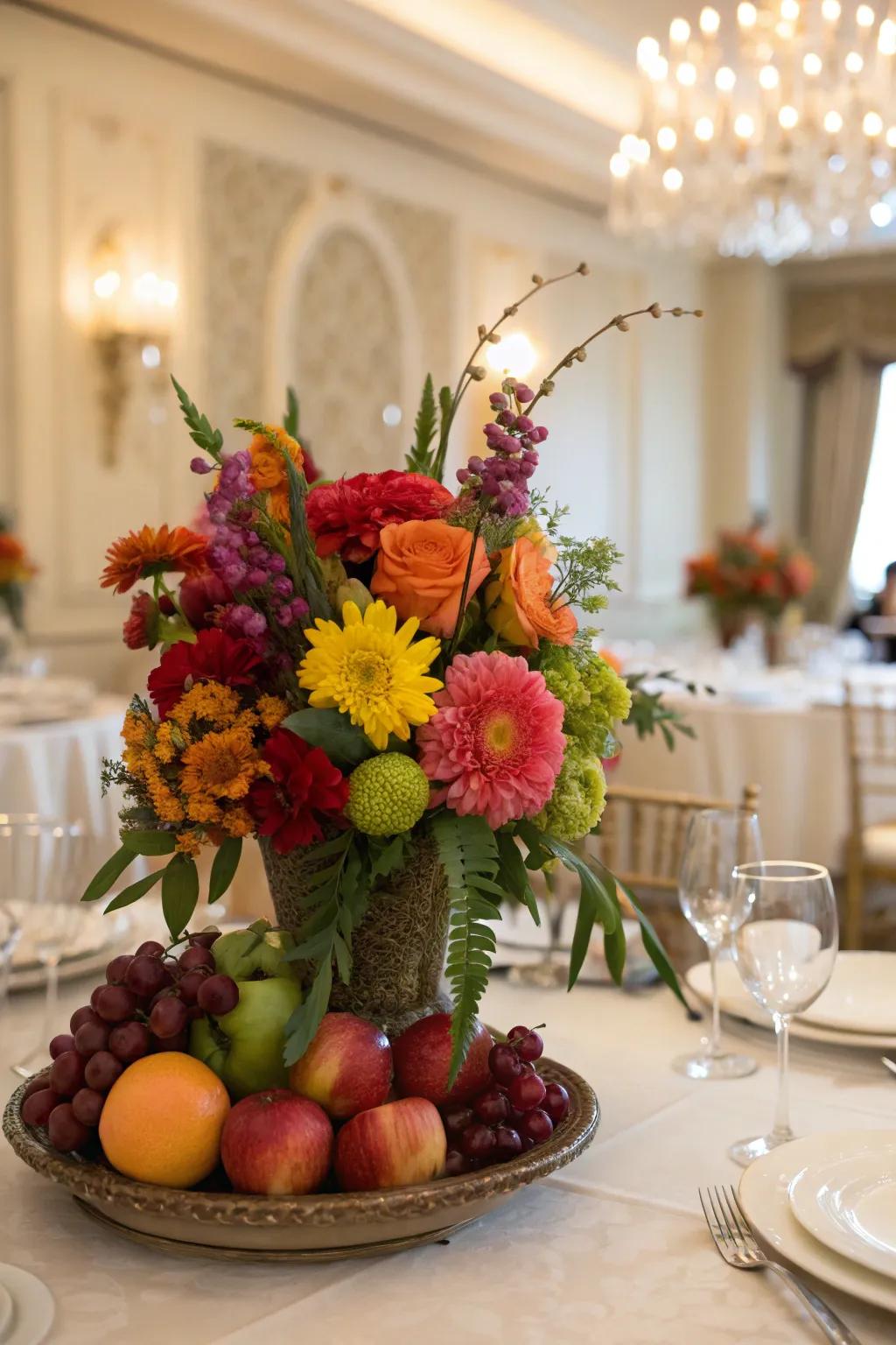 A vibrant fusion of fruits and flowers for a lively Mother's Day centerpiece.