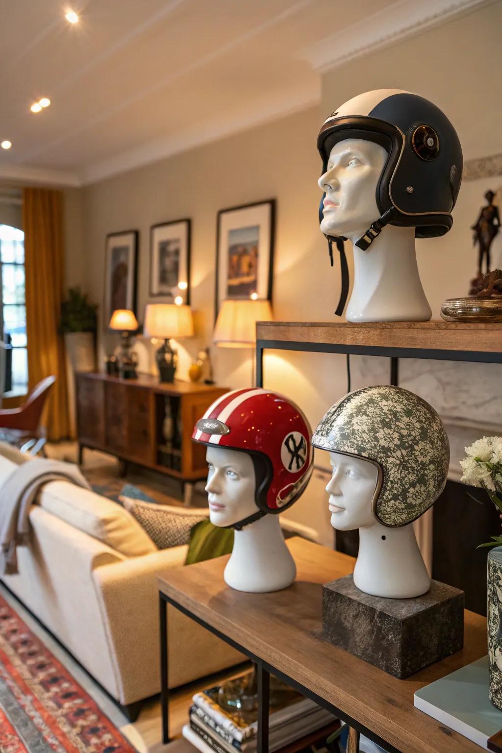 Mannequin heads combine style and function for helmet storage.