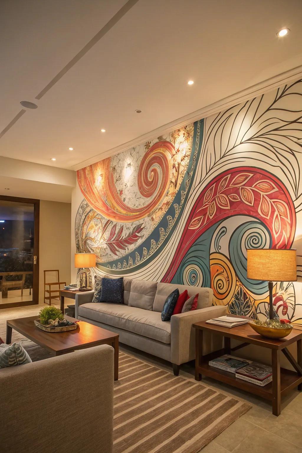 A wall mural with motion themes makes a bold statement.