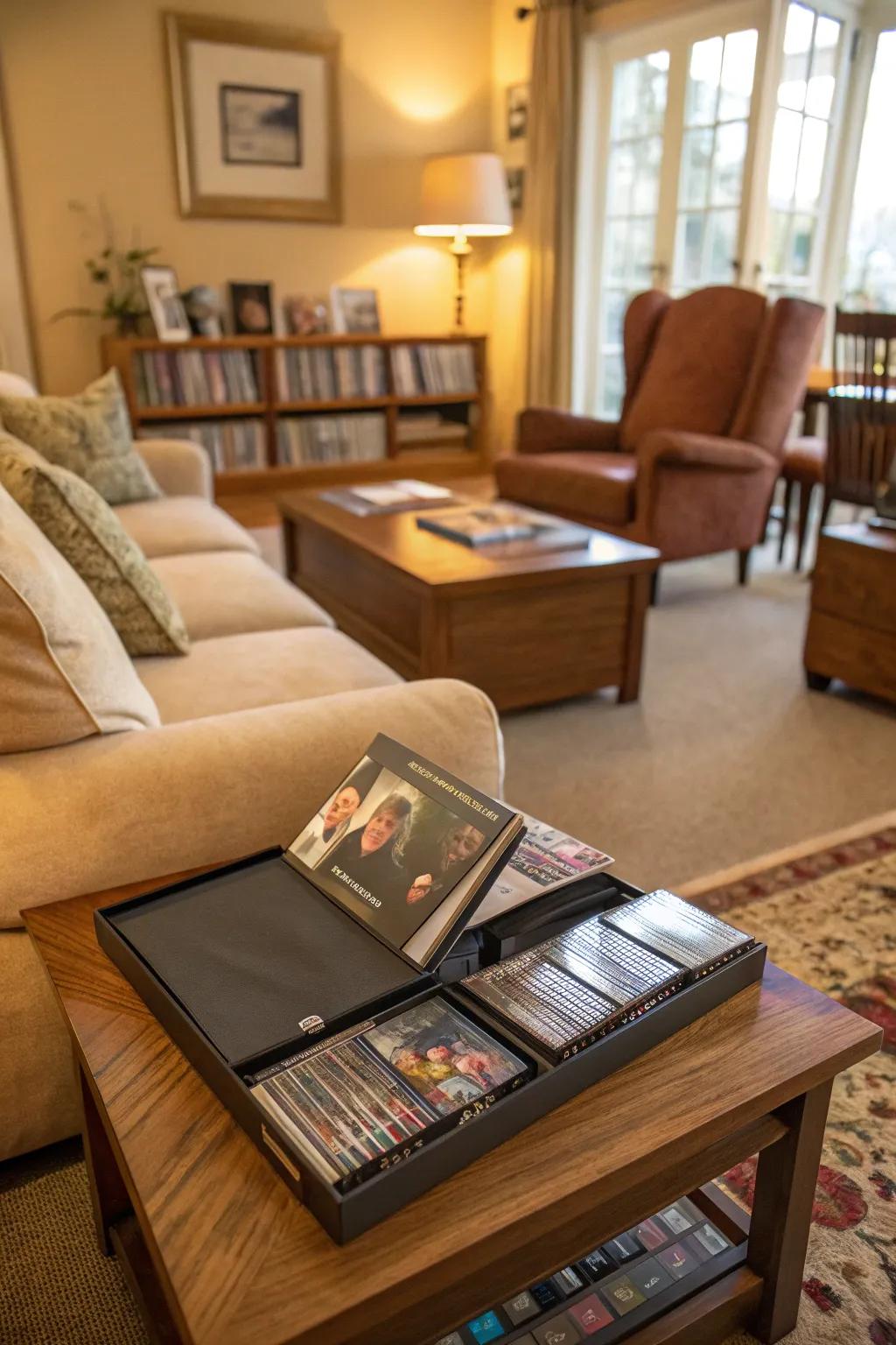 A disk album with DVDs, perfect for browsing, on a coffee table.