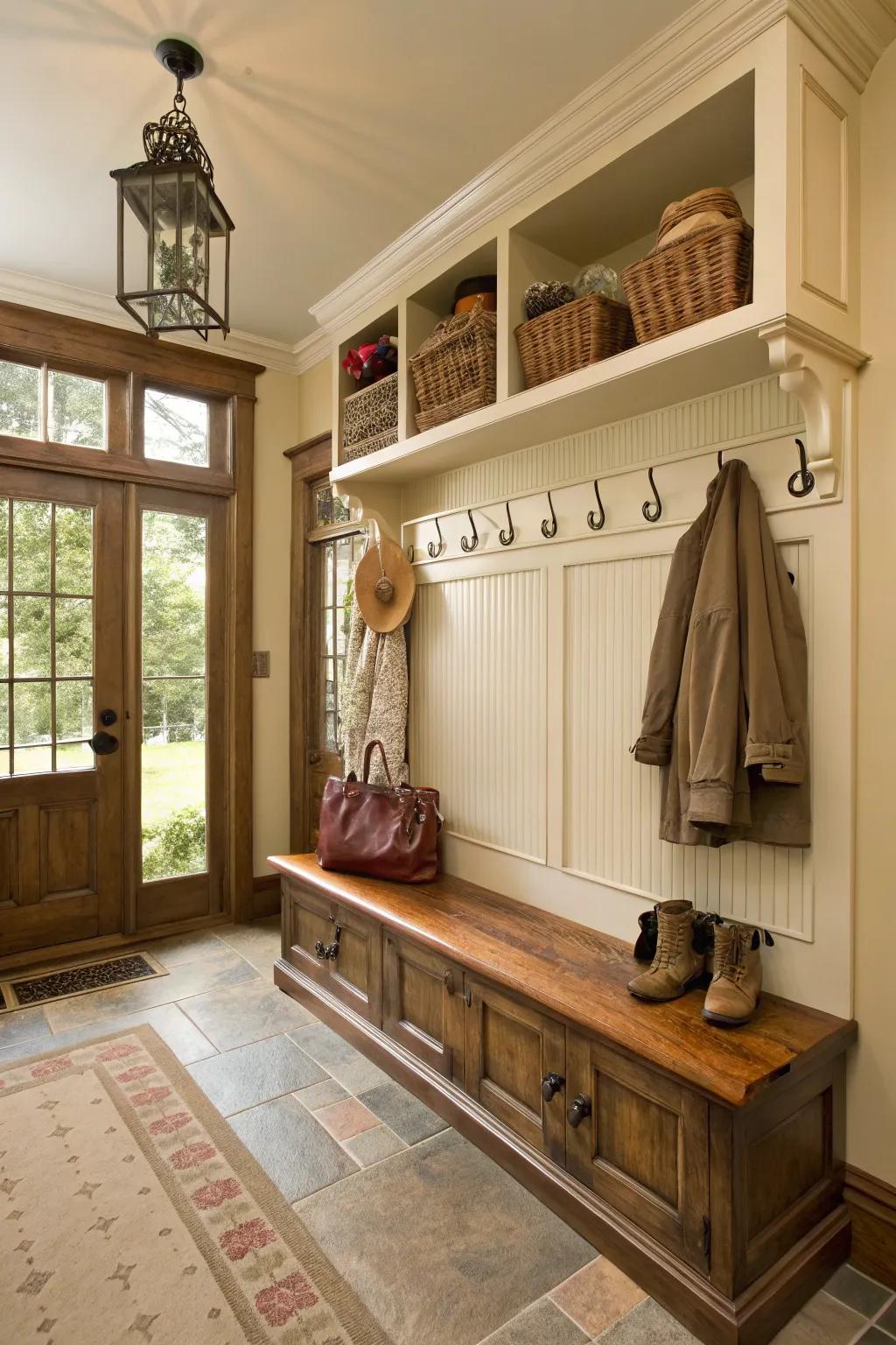 Beadboard paneling adds timeless charm to a mudroom.