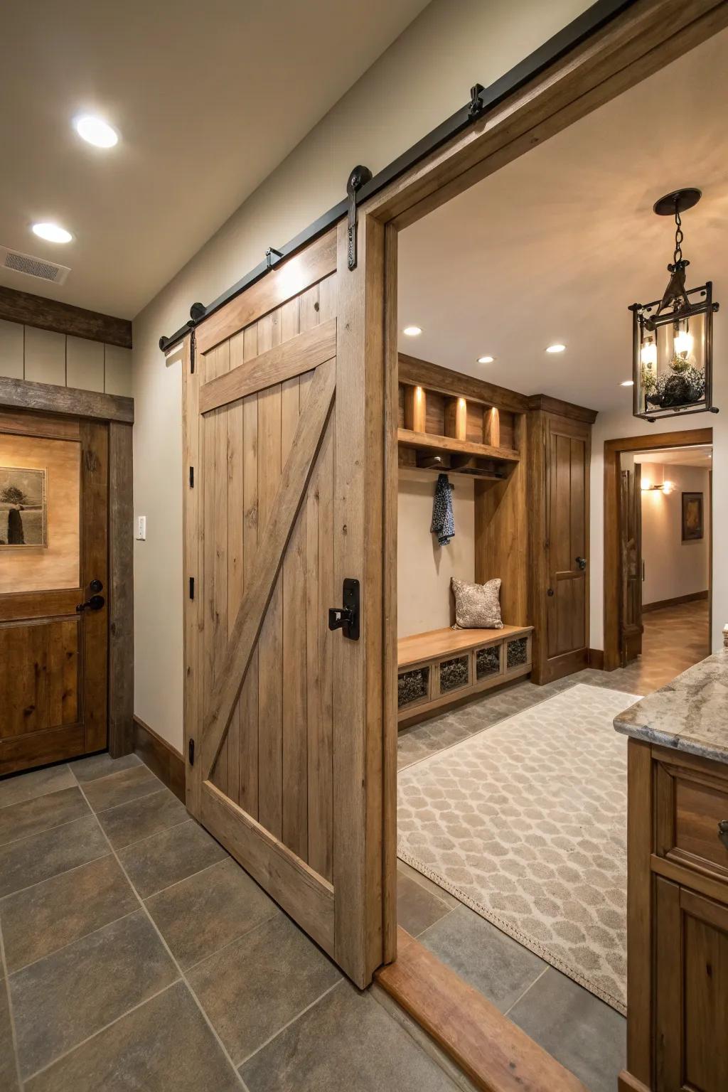 A barn door adds rustic elegance and functional separation to your mudroom.