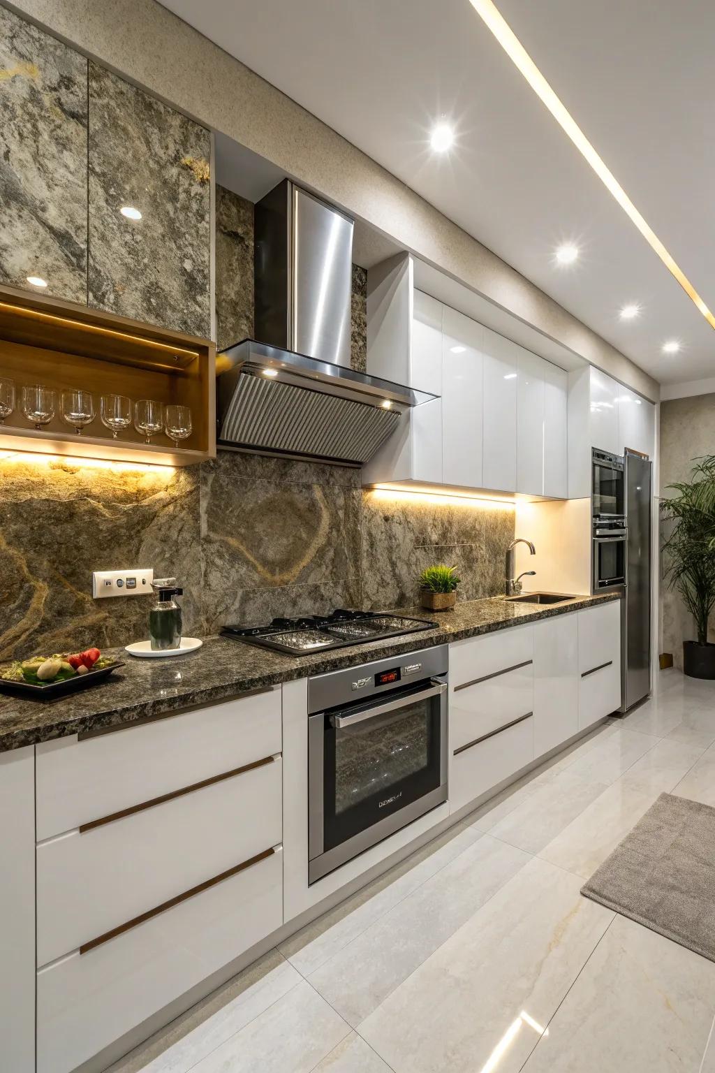 Modern kitchen featuring a bold granite backsplash.