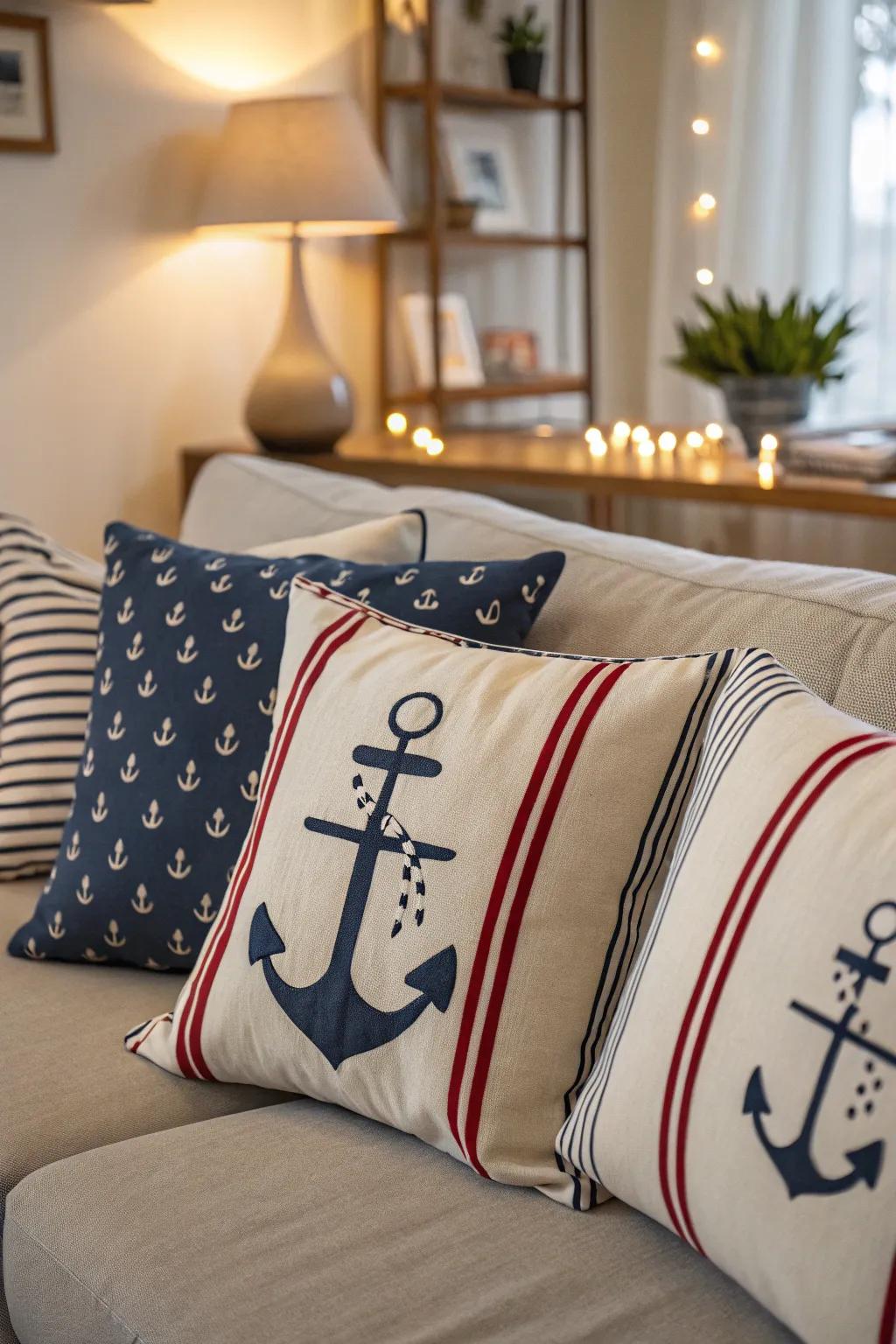 Nautical throw pillows add comfort and style to a coastal living room.