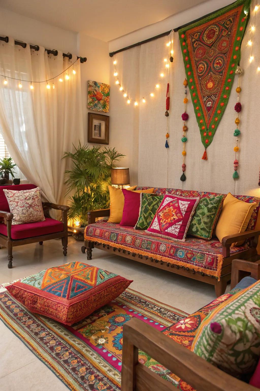 A cozy living room adorned with colorful ethnic fabrics and cushions.