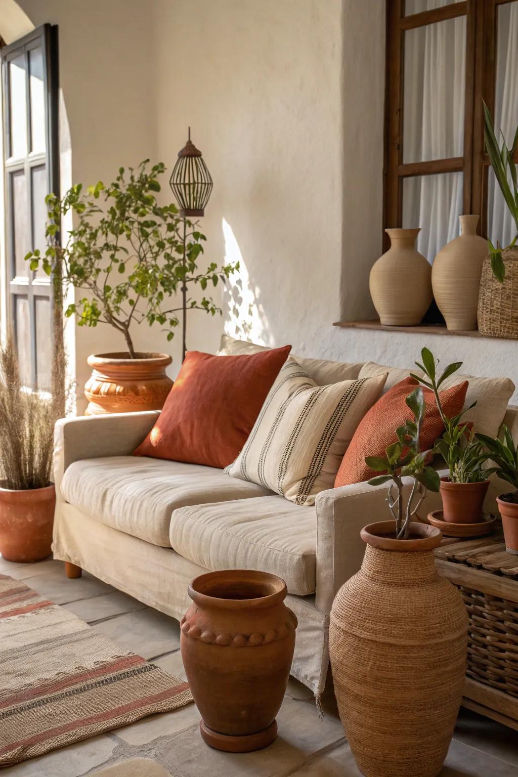 Earthy accents bring warmth and a natural vibe to a neutral setting.