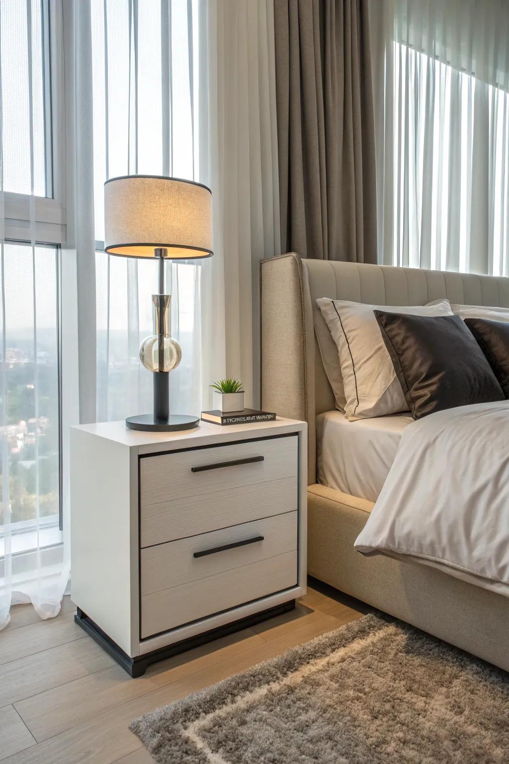 A minimalist nightstand in a modern bedroom, emphasizing sleek and simple design.