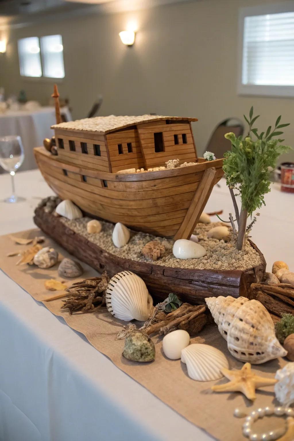 Seaside elements enhance the nautical theme of this centerpiece.