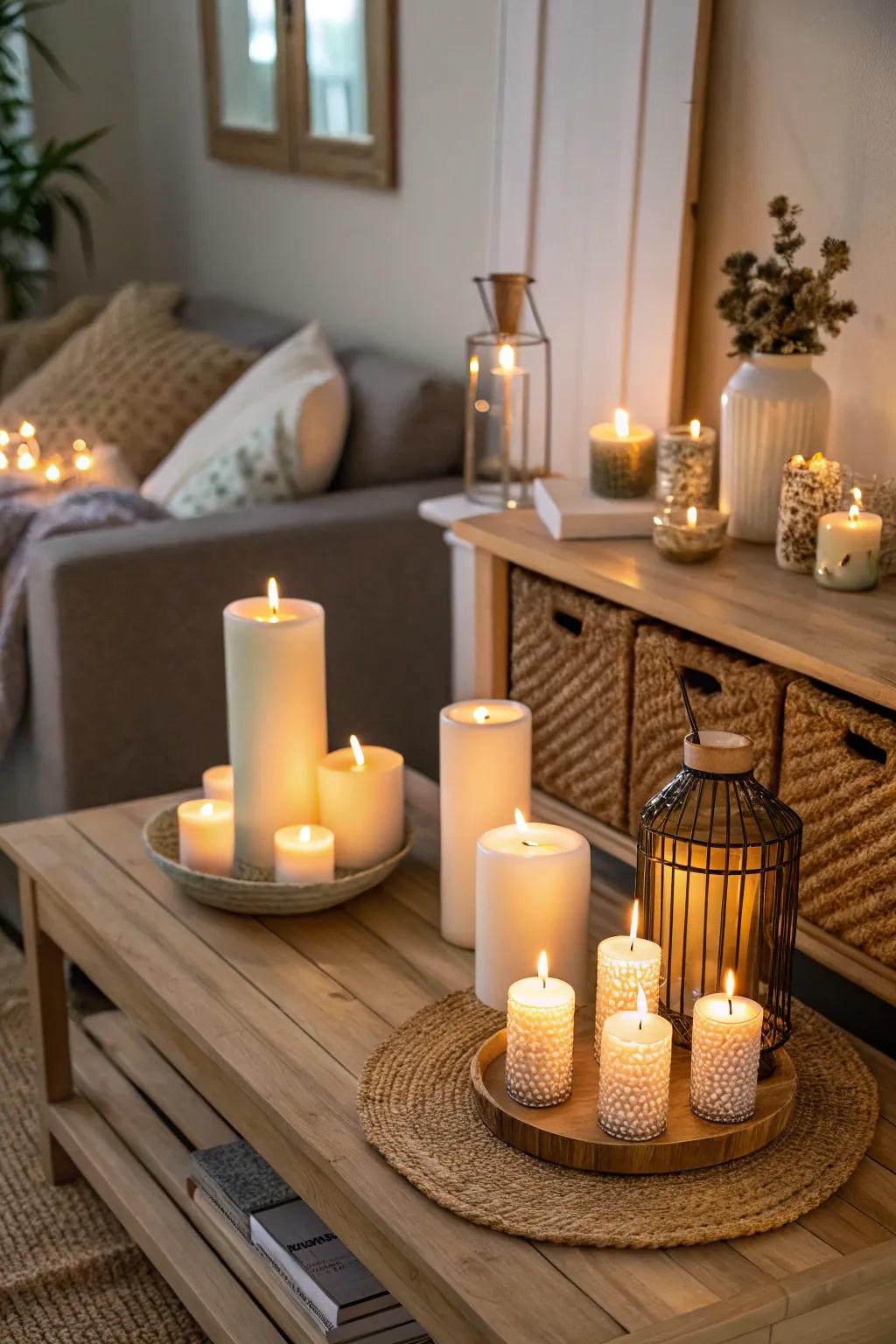 Create a warm ambiance with clusters of candles that fill your home with a soothing glow.