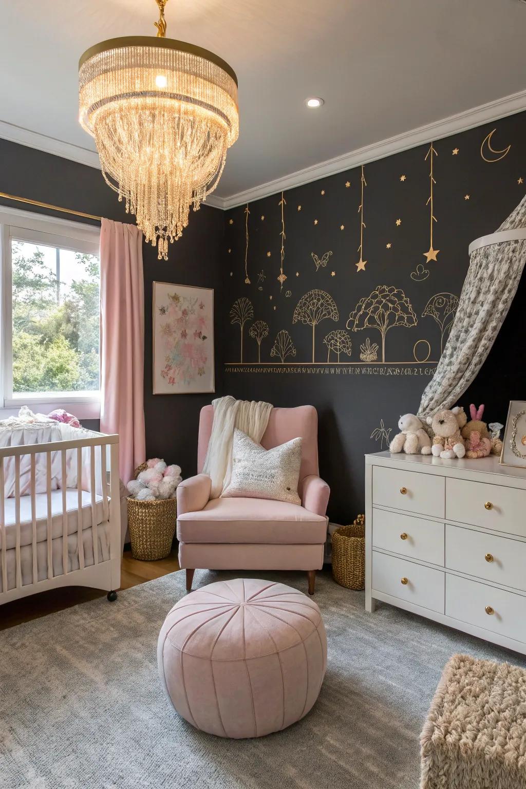 A sophisticated nursery with a dark accent wall providing depth and contrast.