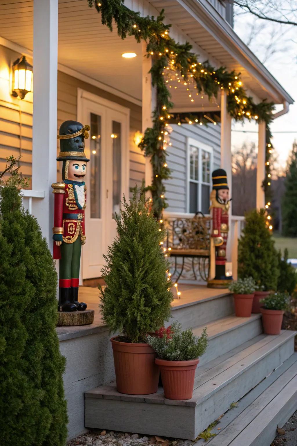 Nutcrackers on the porch create a welcoming holiday entrance.