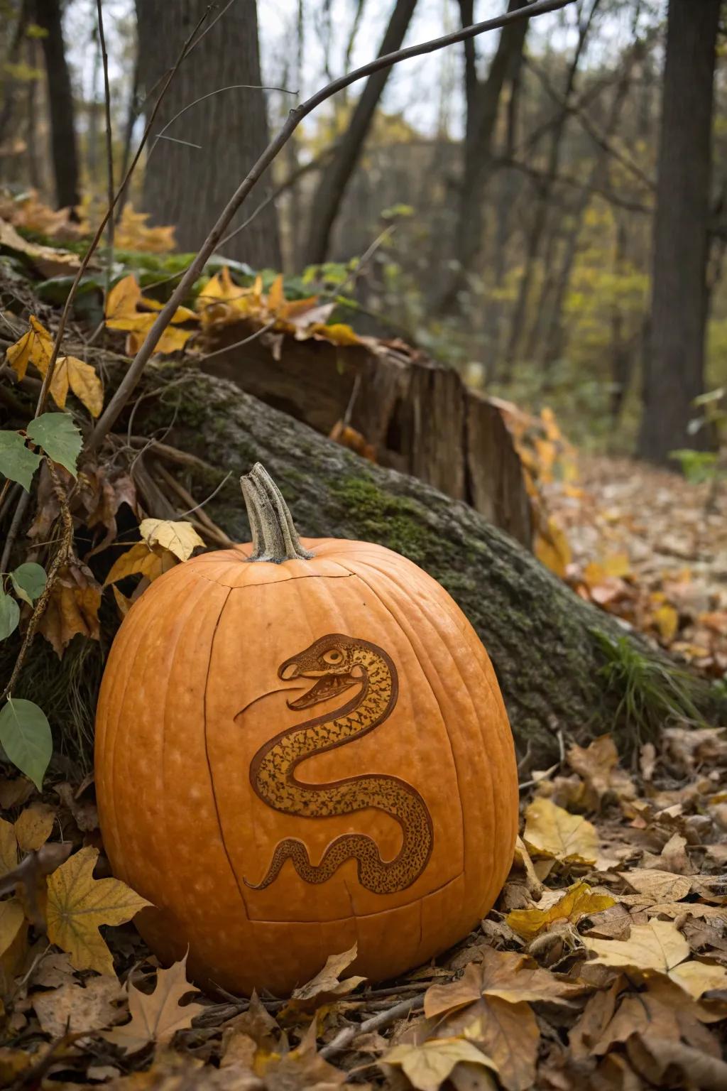 A snake winding its way around an oblong pumpkin, adding a touch of wild nature to your decor.