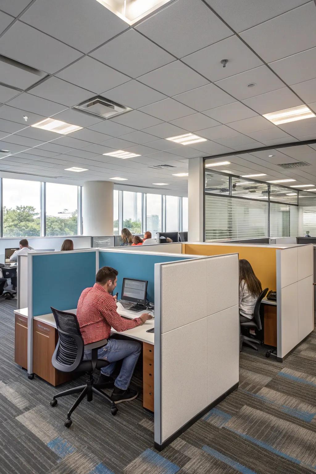 A hybrid layout balancing private and open workspaces.