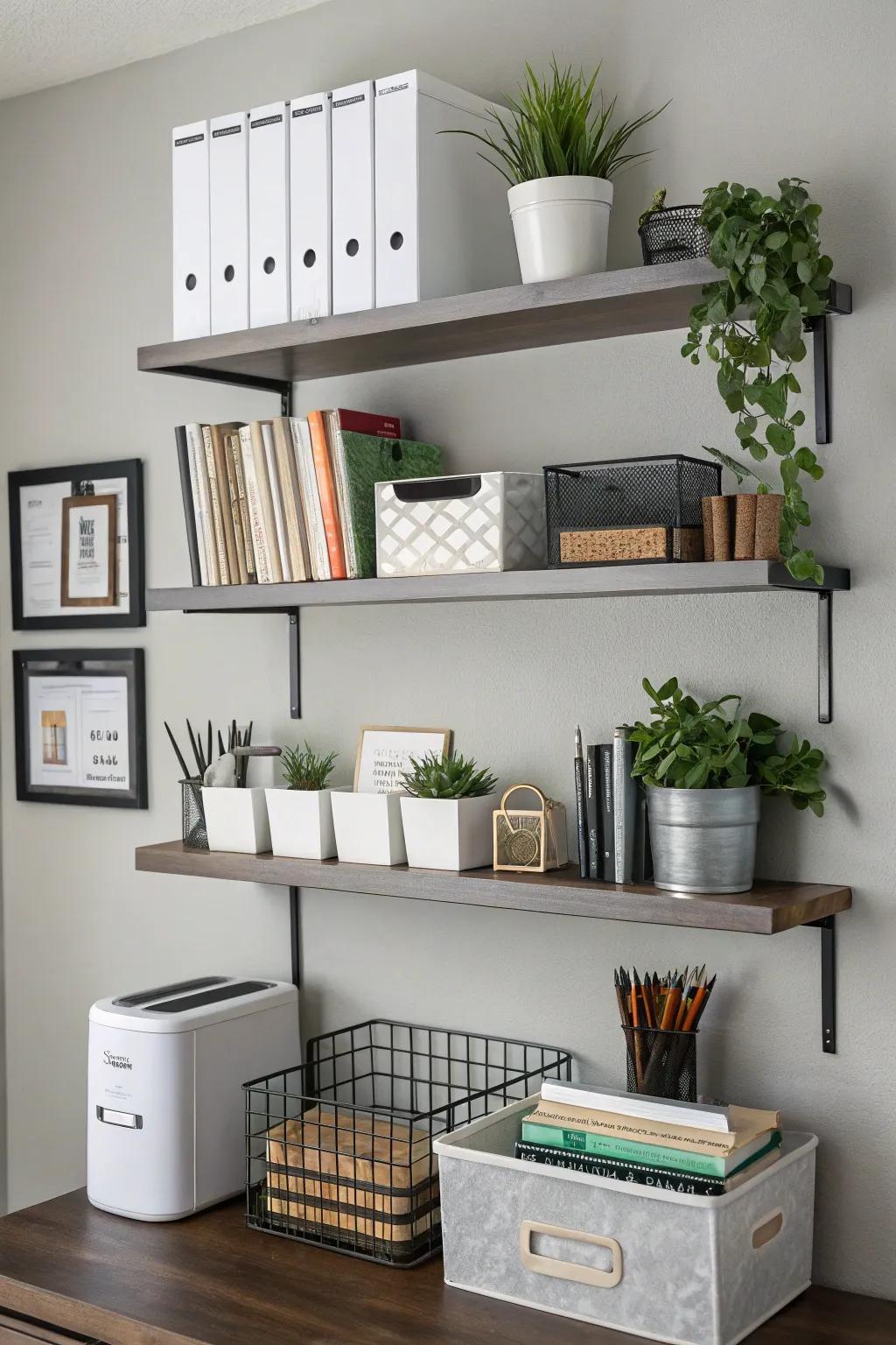 Vertical storage solutions free up desk space and enhance organization.