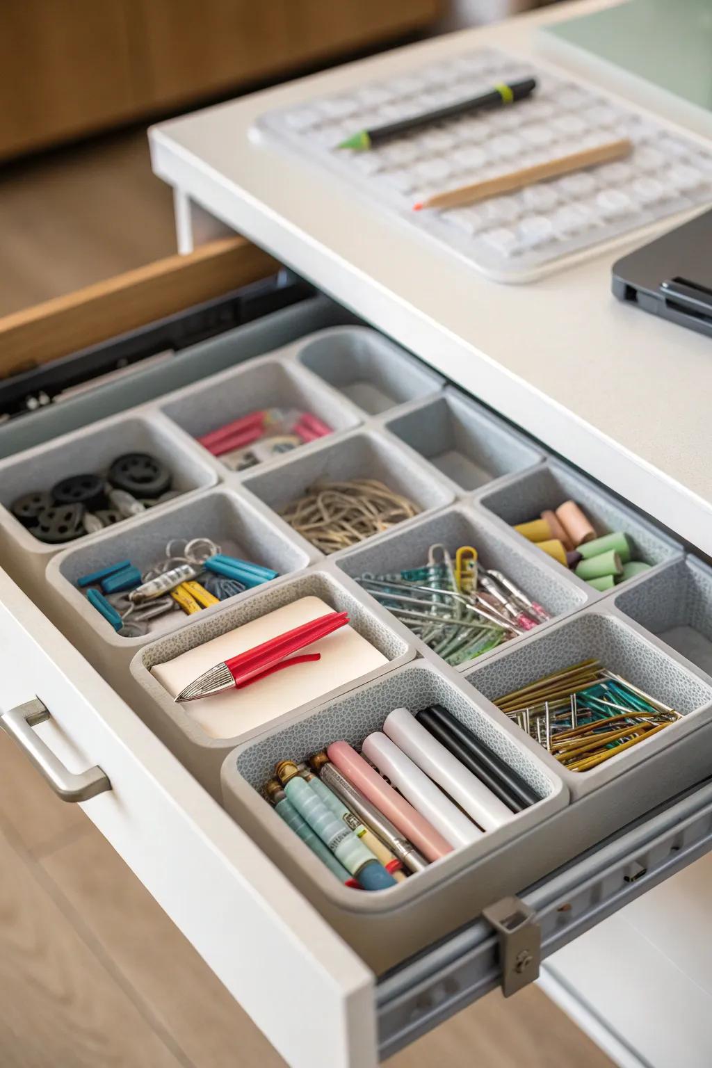 Drawer organizers make small items easy to find and manage.