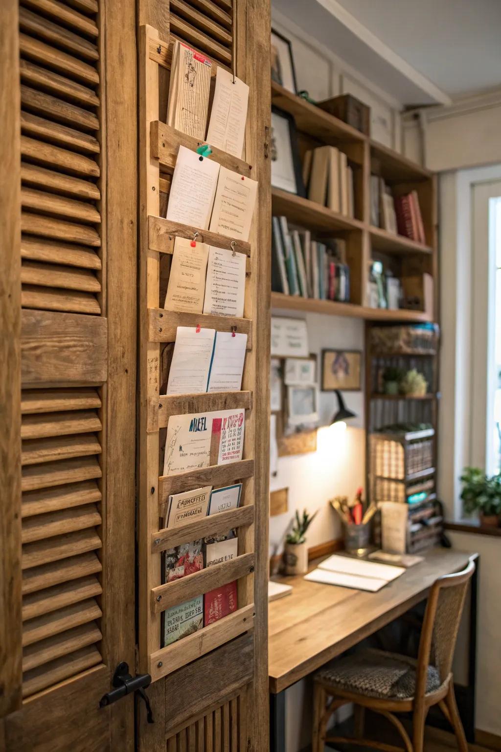 A rustic shutter organizer adding farmhouse charm to the office.