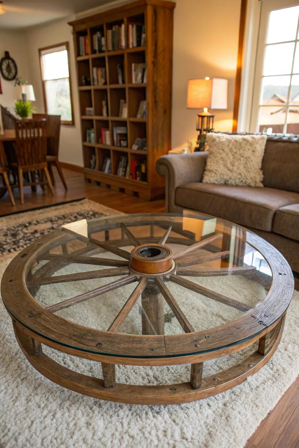 A wagon wheel coffee table combines functionality and style.