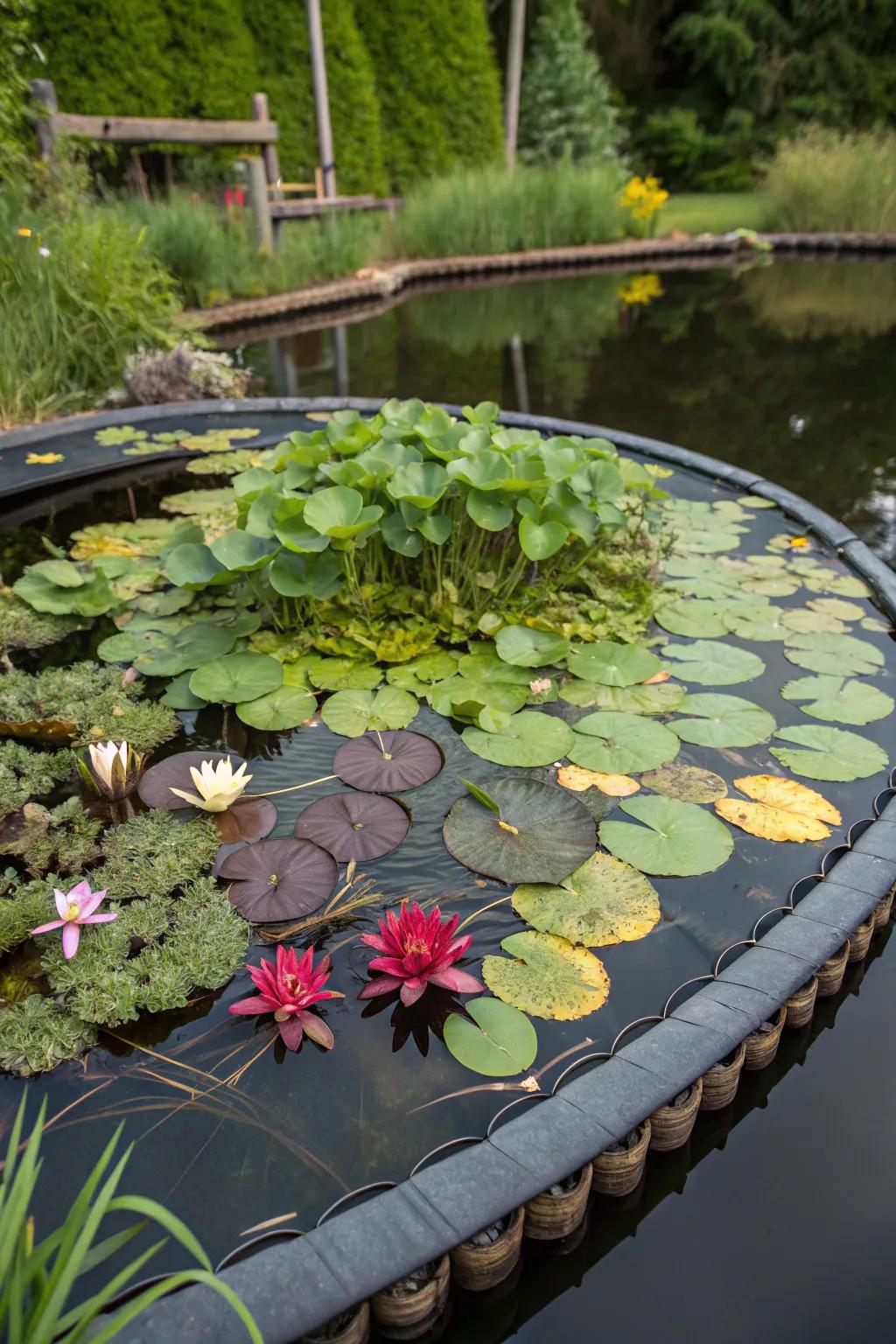 Transform your old trampoline mat into a stunning floating garden bed, bringing a pop of color and craftsmanship to your pond.