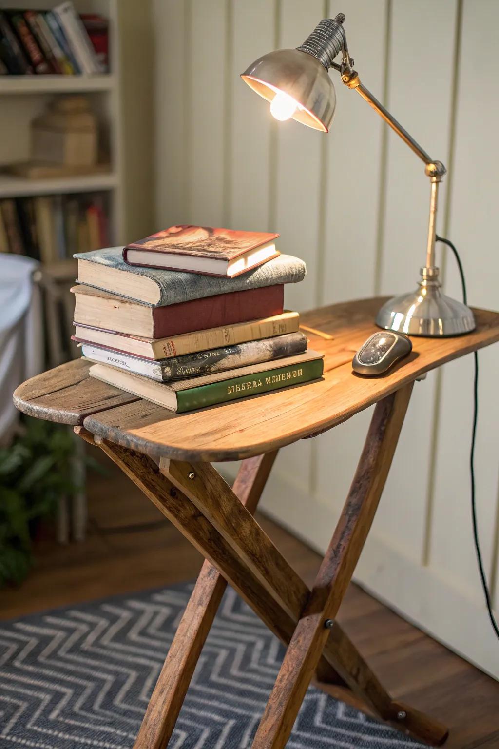 Use your ironing board to create a charming book nook.